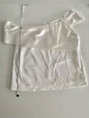 Elegant White Satin One-Shoulder Top with Pearl Detail - Size Small